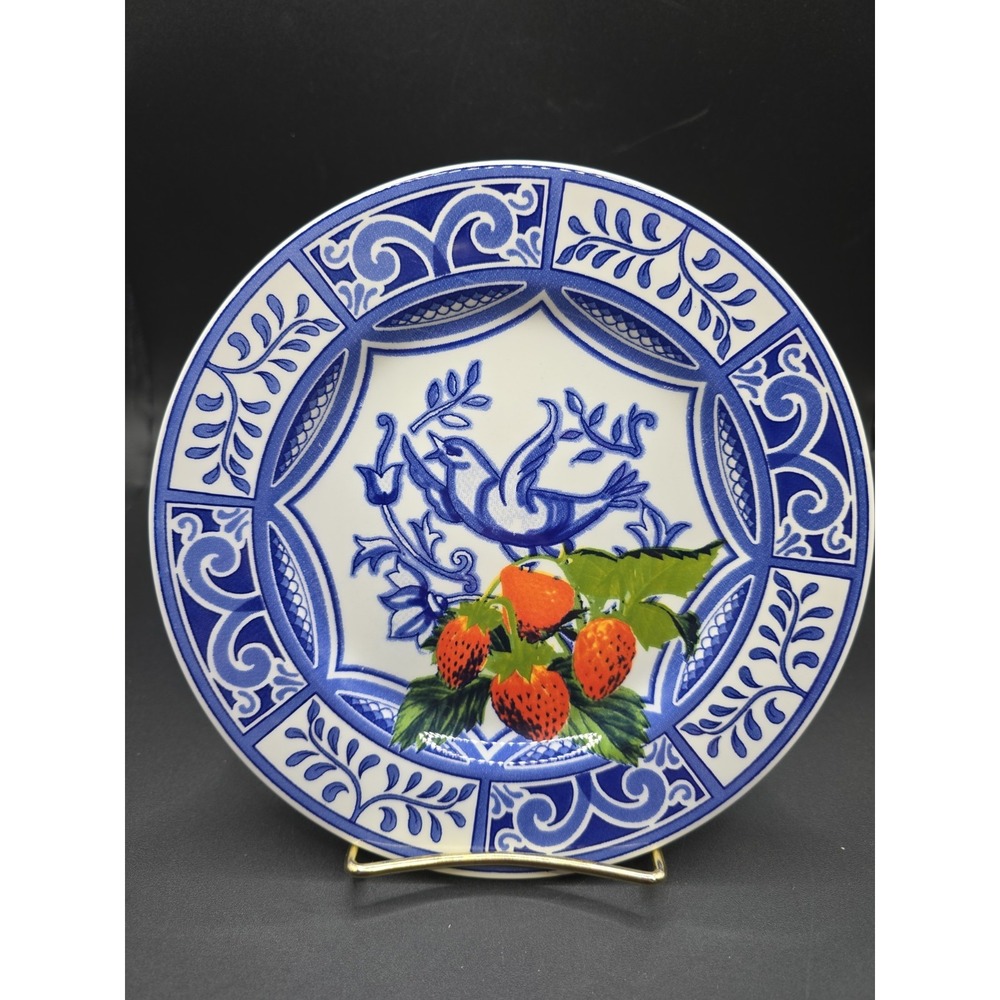 Blue Bird Ceramic Salad Plate Blue & White With Strawberries 7 ¾" Made in Italy